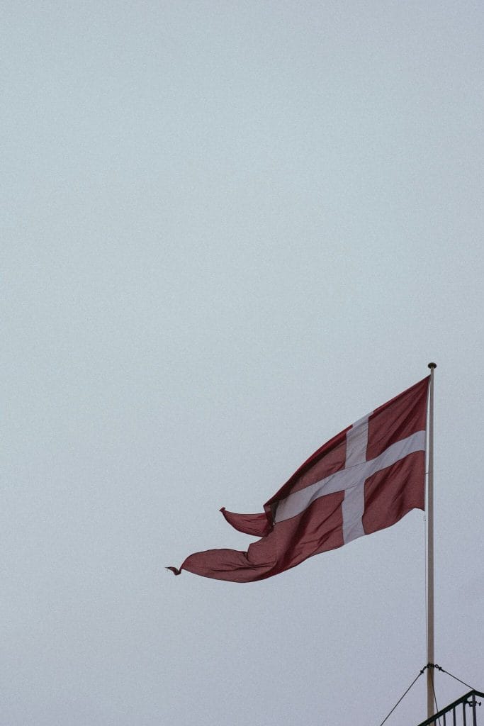 Dannebrog blafrer i kraftig vind i København under gråt skydække